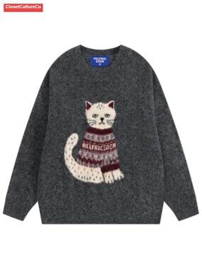 Fair Isle Cat Graphic Knit Sweater Pullover Crew Neck